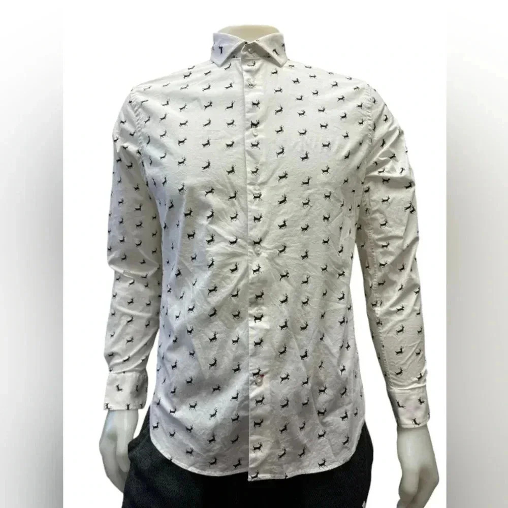 1670 Long Sleeve Button Down Black White  Dress Shirt Buck Deer Size 16